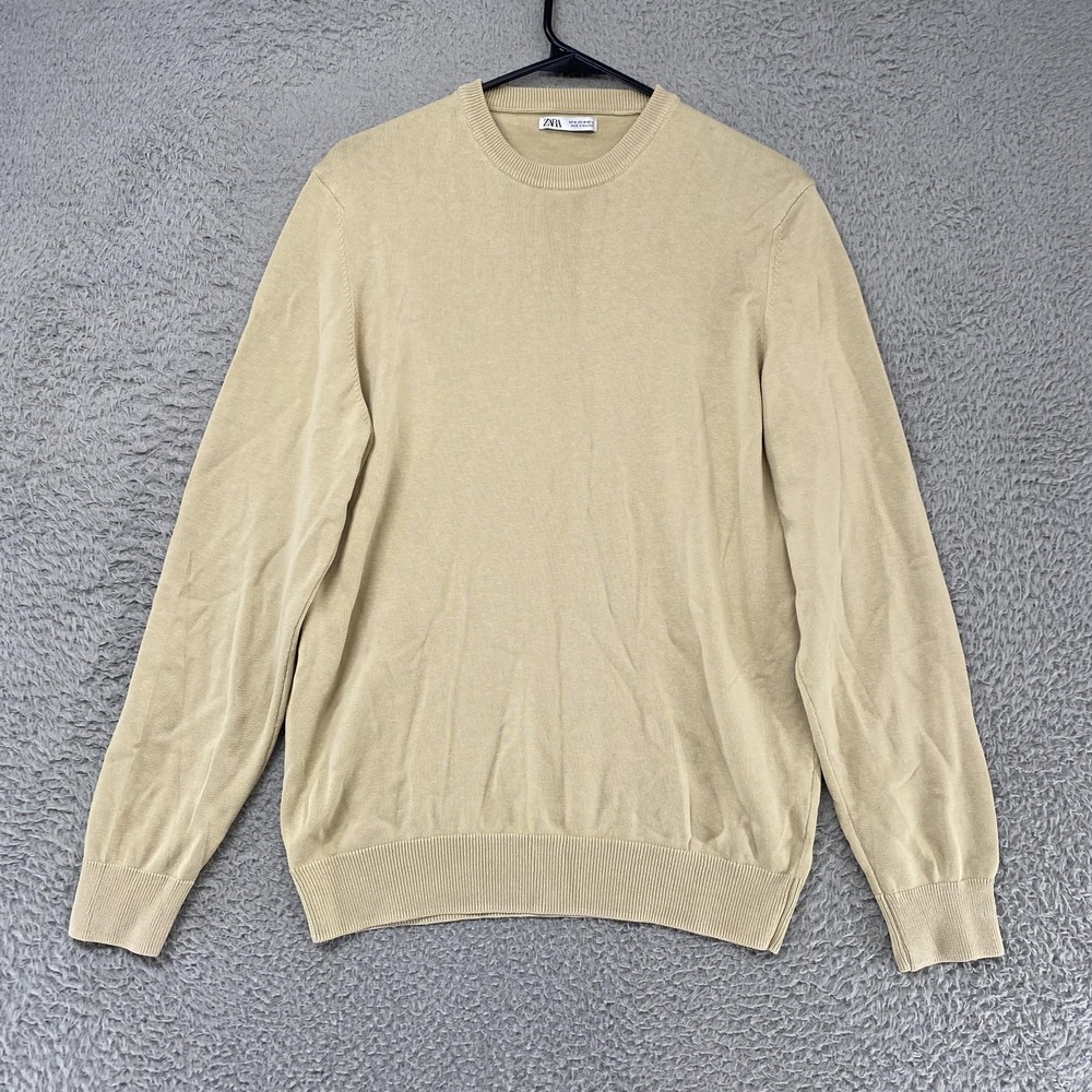 Zara Sweater Mens Medium Beige 100% Cotton Lightweight Crewneck Knit Pullover